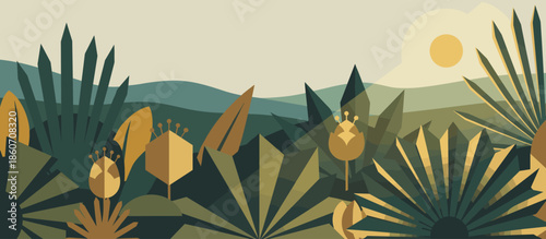 Lush green palm fronds and a gnarled brown tree trunk in a dense jungle, depicted in a bold comic book art style with graphic outlines and stipple shading