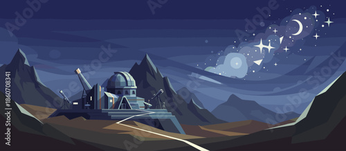 Stylized night landscape illustration with a large full moon over a tranquil lake, distant mountains, and a pine forest in a retro graphic print style with halftone textures