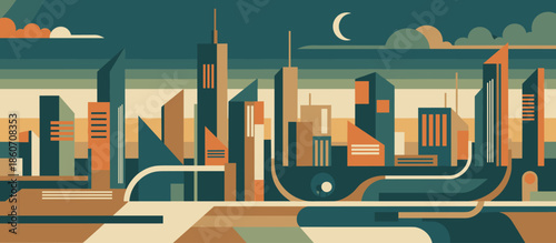 Brown and white horned cow stands peacefully in a lush green meadow filled with wildflowers under a blue sky in a retro graphic illustration style with halftone details