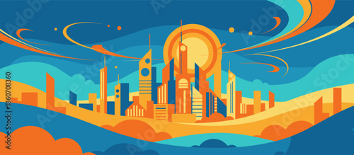 Hand-drawn two-masted sailboat illustration anchored peacefully in a calm blue bay surrounded by green hills, depicted in a retro comic book style with halftone dot shading