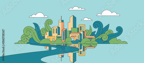 Retro comic book style illustration of a man relaxing on a grassy riverbank, reading a newspaper under a large arch bridge with a distant cityscape view