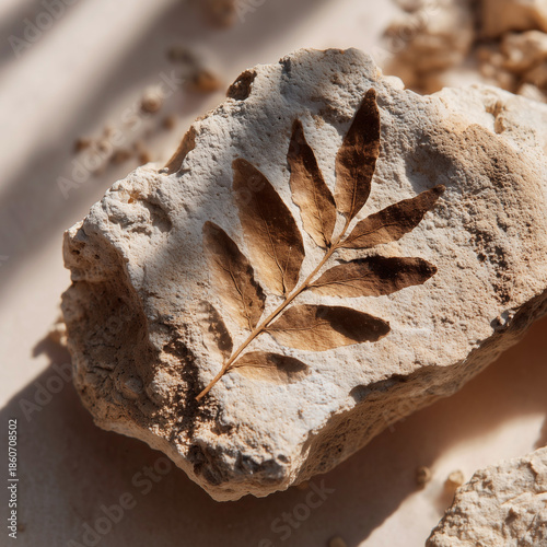 Fossilized leaf embedded in stone with natural textures concept of Darwin Day  