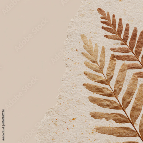 Ancient fossil leaf illustration on textured paper background for Darwin Day  