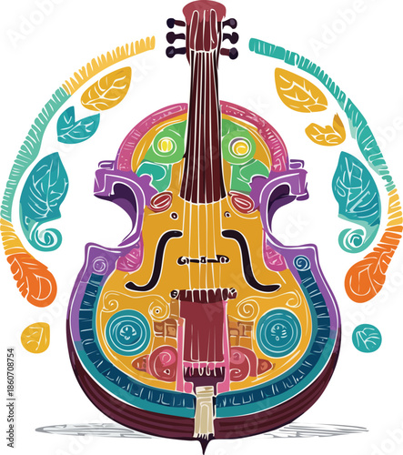 hand drawing colorful violin with floral patterns and decorations.
