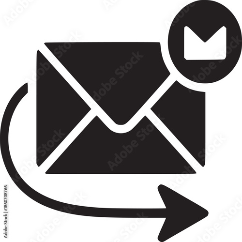 Black and white graphic of an email envelope with a notification and a curved arrow icon