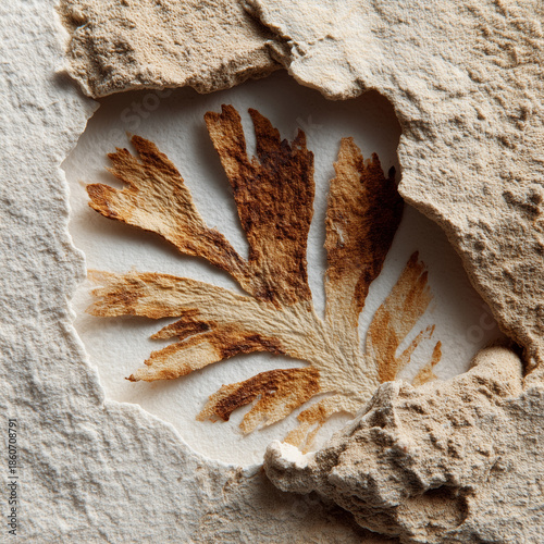 Ancient fossil leaf embedded in textured stone background for Darwin Day  