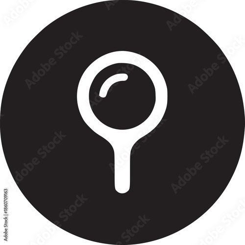 A simple graphic of a white magnifying glass icon centered on a black circle against white background