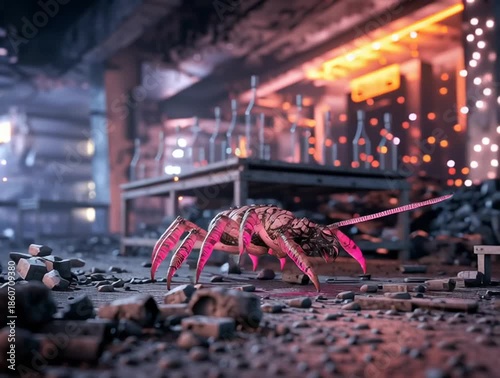 Giant alien insect exploring destroyed post apocalyptic city