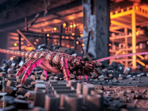 Giant alien insect exploring destroyed post apocalyptic city