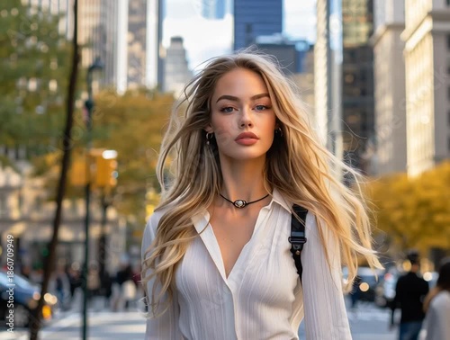 Young blond fashionable businesswoman walking in new york city during fall season