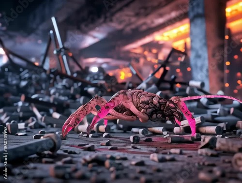 Giant alien insect exploring destroyed post apocalyptic city
