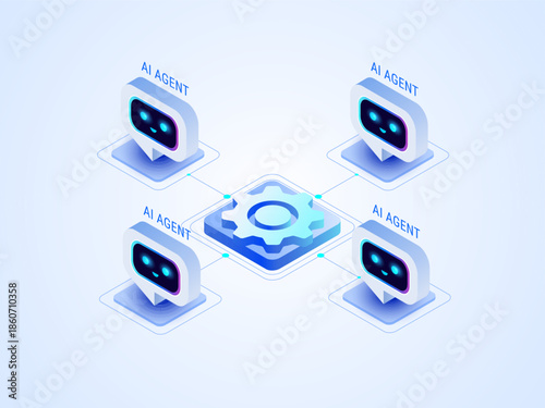 Agentic AI workflow diagram with multi agent system connected - white background - isometric technology infographic vector