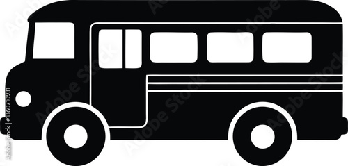 Black silhouette classic school bus icon, Public transportation vehicle symbol graphic