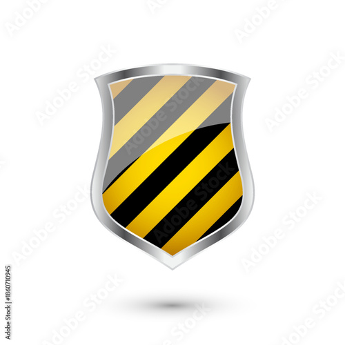 Glossy shield with yellow and black pattern. Security and protection concept. Cyber safety icons, internet privacy, web defense, digital data protection and antivirus themes. Vector illustration