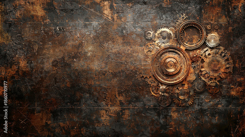 Intricate abstract steampunk background featuring mechanical gears and rustic industrial aesthetic. concept of industrial design, vintage aesthetics, retro futurism
