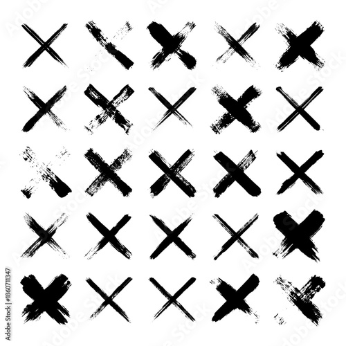 Grunge crosses, brush strokes, x mark, lines, ink smudges, hand-drawn scribble shapes. Handmade sketchy marks, acrylic stains, charcoal streaks. Paint textures, dry brush effect. Vector illustration