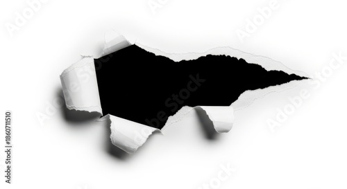 Dramatic torn paper effect with a jagged hole revealing a deep black void, creating a striking contrast and sense of discovery on a pristine white background
