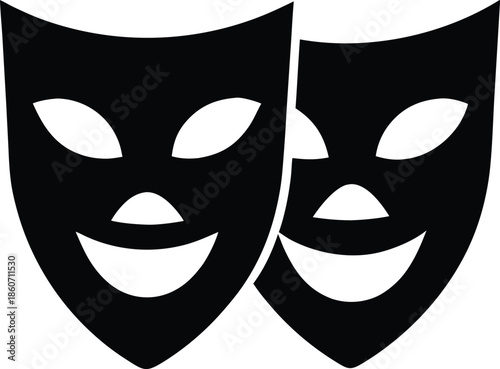 Two smiling theatrical masks vector, Drama performance entertainment emblem