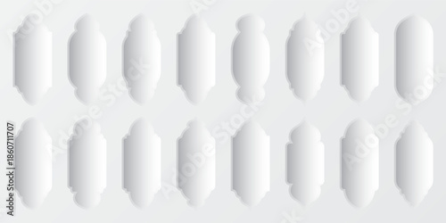 Islamic frames, oriental style objects. Arabic shapes, windows and arches with shadows. Traditional ornamental frame. Muslim holidays, Ramadan Kareem. Modern eastern architecture. Vector illustration