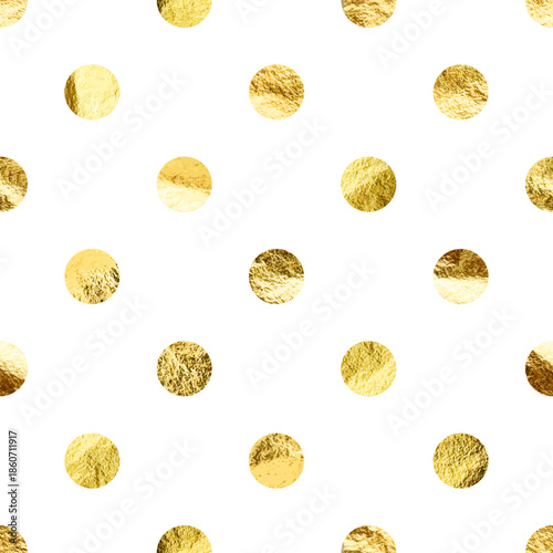 Gold foil seamless texture, shiny handmade circles. Golden glittering pattern. Shining hand drawn background. Wedding, greeting card decoration elements. Modern minimalist art. Vector illustration
