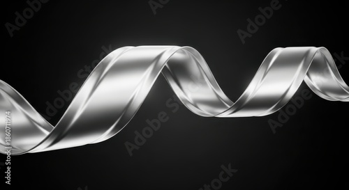 Elegant and dynamic silver metallic ribbon, rendered in a sleek 3D illustration, showcasing a smooth, flowing wave against a deep dark background, symbolizing fluidity and innovation