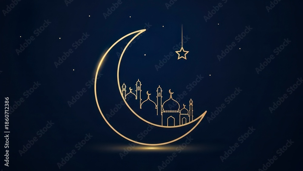 Naklejka premium Elegant golden crescent moon with a mosque silhouette for islamic greeting card design illustration