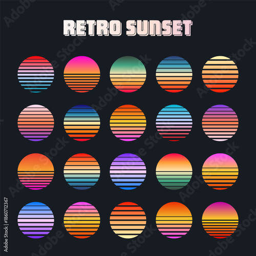 Vintage colorful sunset. Striped gradient sunrise badges in 80s and 90s style. Sun and ocean view, summer vibes, surfing. Design element for print, logo or t-shirt. Vector illustration