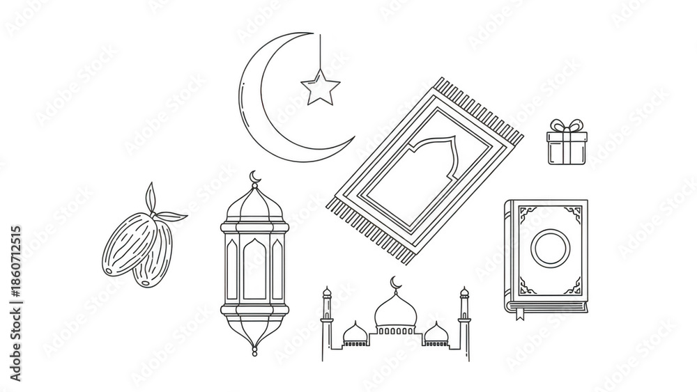 Fototapeta premium A collection of ramadan symbols and icons in a minimalist line art style on black background illustration