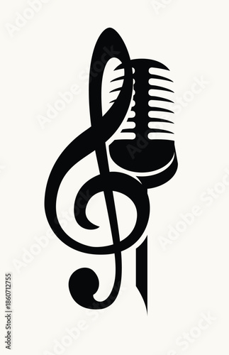 Vector logo, or banner for a music with vocal microphone and treble clef . Suitable for flyer, invitation, poster, cover, icon, vocal school, advertising, music festival. No ai