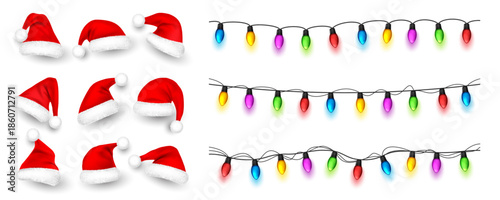 Christmas glowing lights. Festival garlands with colorful bulbs. Greeting card design element. New Year, winter holidays