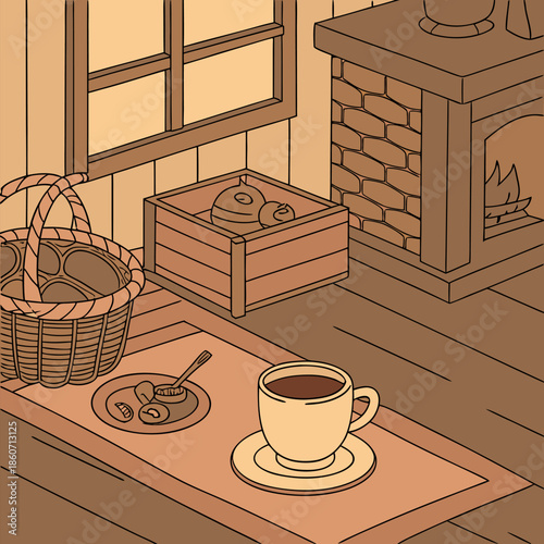 Cozy Fireplace with Cup of Coffee