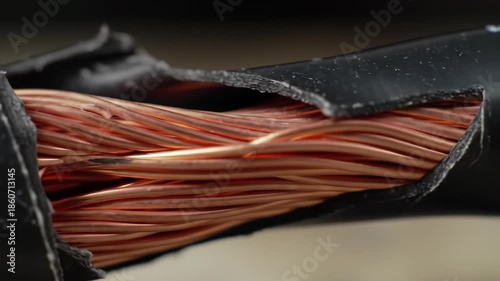 Close-Up of Exposed Copper Wires in Electrical Cable.