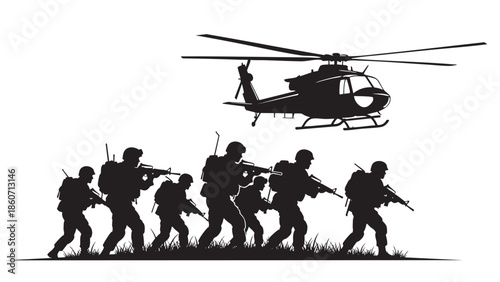 Military soldiers and helicopter silhouette with soldiers advancing and helicopter flying overhead on neutral background