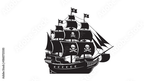 Pirate Ship Illustration with Skull and Crossbones Flags for Adventure and Nautical Themes