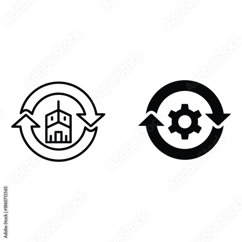 Two circular arrows with building and gear building gear black and white