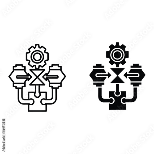 Black and white mechanical valve system with gears