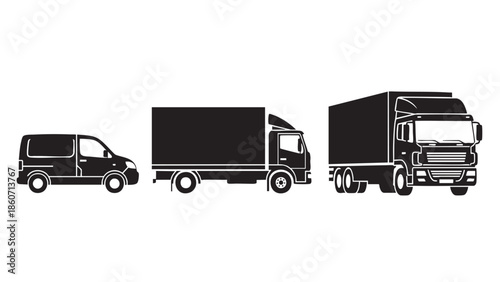 Set of black silhouette trucks and van on transparent background