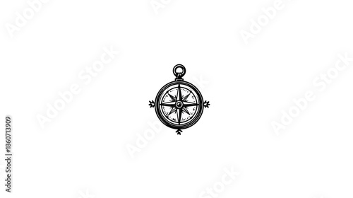 Stylized antique metallic compass charm graphic, representing journey, exploration, direction, guidance, and adventure, isolated on white.