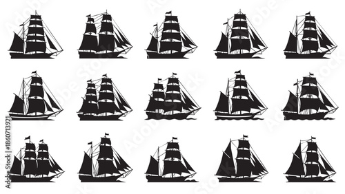 Set of silhouettes of sailing ships on a white background