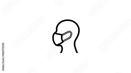 Human head profile with a protective face mask icon, essential for health, safety, airborne virus prevention, and public hygiene. Line art illustration.