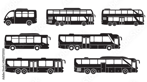 Set of Various Bus Silhouettes for Transportation and Travel Themes