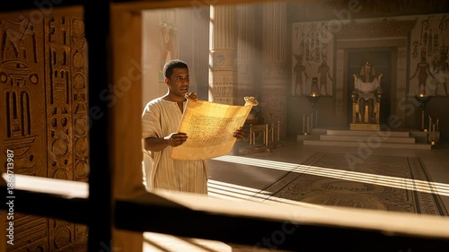 Royal scribe reads scroll to Pharaoh in ancient Egyptian palace at sunset.