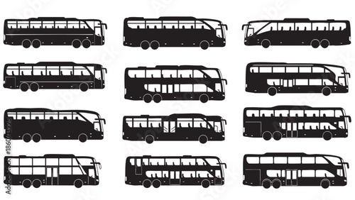 Set of various doubledecker bus silhouettes in black and white