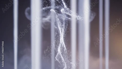 Spiral stream of white particles between vertical light beams, soft fog background, Echoes of Light abstract energy scene with copy space