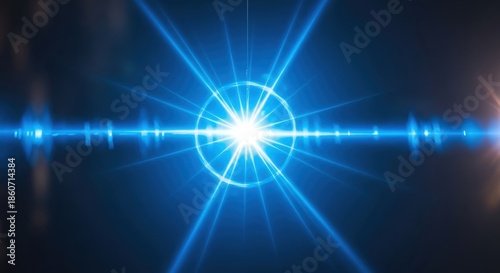 Dynamic blue light burst radiating with intense energy and optical lens flares against a deep, dark background, creating a powerful abstract visual effect with a futuristic and energetic glow