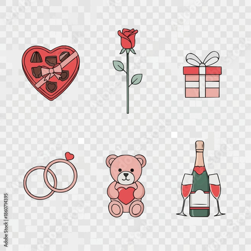Valentine’s Day icons including chocolates, rose, and champagne  