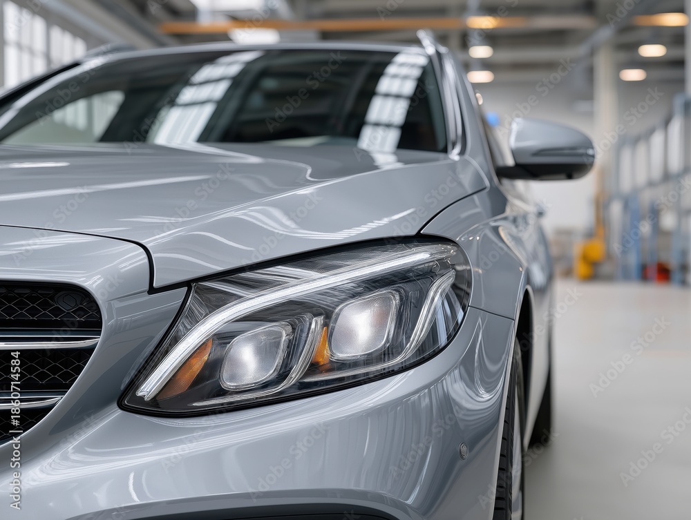 Fototapeta premium Sleek silver car with modern design features, showcasing detailed headlights and smooth curves, set in a well-lit automotive workshop environment with clean lines