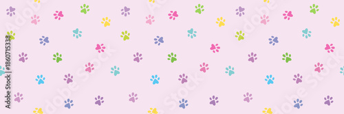 Banner with cute Colorful cat paws, Seamless Pattern Background