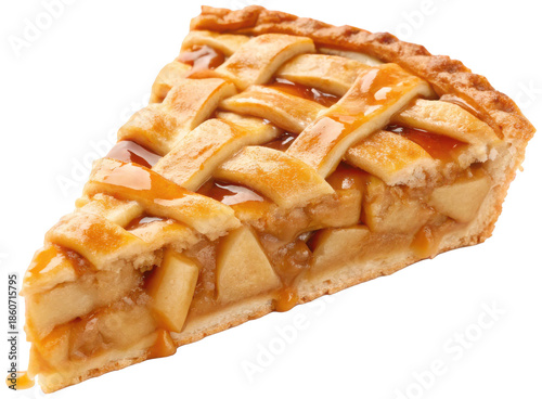 Deliciously golden-brown and flaky, a generous slice of homemade brand pie with a beautifully latticed crust, brimming with tender spiced brand filling and, isolated on transparent background.