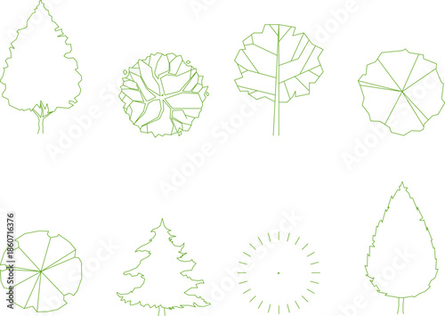 Vector set of green landscape architectural symbols. Minimalist line art sketches of various trees and plant types in top view for site plan design.
